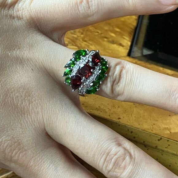 Vermelho Red Garnet Chrome Diopside Sterling Silver Cocktail Ring Size 6 - Picture 4 of 9